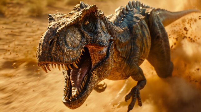 A close up of a t-rex running through the sand, AI
