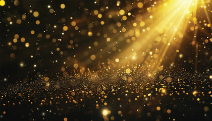 Obraz premium Abstract luxury swirling gold background with gold particle. Christmas Golden light shine particles bokeh on dark background. Gold foil texture.