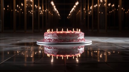 Cake with a single lit candle reflecting in a mirror.