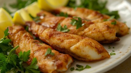 Plate of golden-brown fried fish. - 774452555