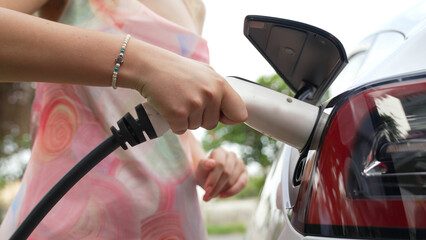 Closeup woman recharge EV electric car's battery at parking lot in natural green park. Clean energy...