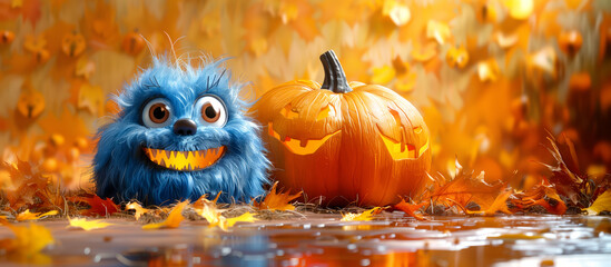 halloween monster in style of beautiful grotesque, pumpkin monster, glowing lights, autumn colors - 774452974