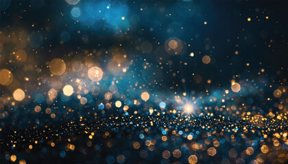 background of abstract glitter lights. blue, gold and black. A close-up view of a blue and gold background with stars. Suitable for celestial, festive, or glamorous designs. © waqar