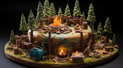 Fototapeta na wymiar Camping-themed cake decorated with a fondant tent, campfire, roasted marshmallows on sticks sculpted from fondant, and a chocolate river.