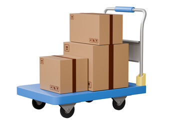 3d Blue Hand truck with cardboard boxes icon isolated on purple background. Transport trolley. Cargo logistic delivery online service concept. 3d rendering illustration.