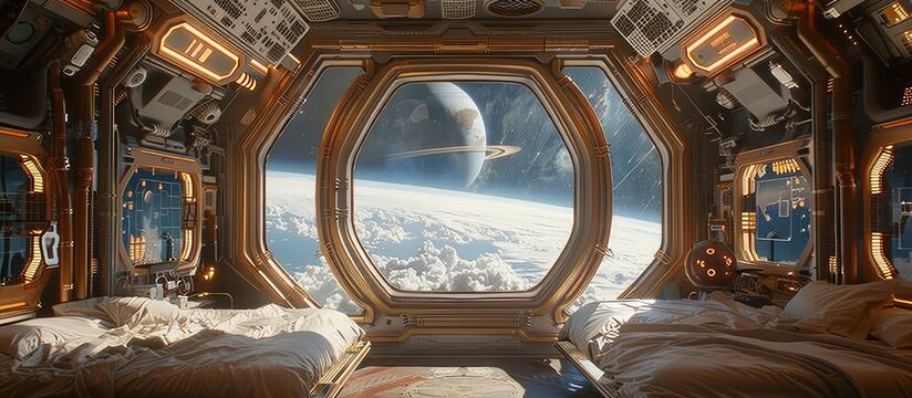 Celestial Dressing Room aboard Futuristic Spaceship with Cosmic Window Views