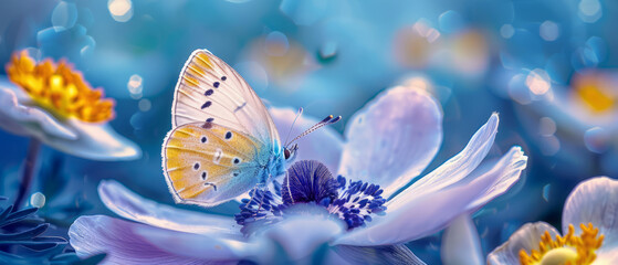Butterfly Harmony Mesmerizing Floral Composition on Azure - obrazy, fototapety, plakaty