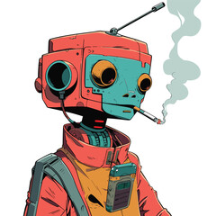 Colorful robot with a cigarette, comic style.
