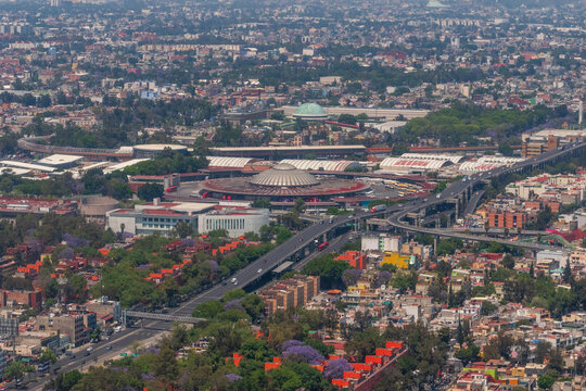 Aerial photograph of the Venustiano Carranza Neighborhood of Mexico City, CDMX featuring the TAPO bus terminal, the National Archives and La Merced