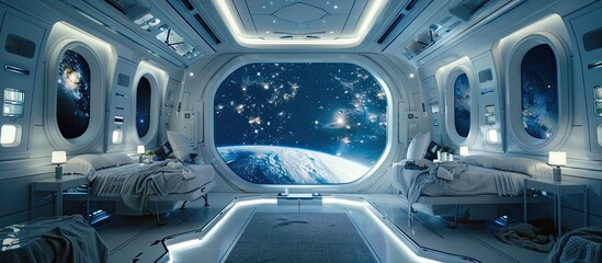 Celestial Sanctuary:A Futuristic Dressing Room with Cosmic Views aboard a Space Station