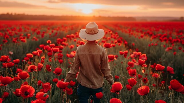 A person in a field of red flowers with hat on, AI