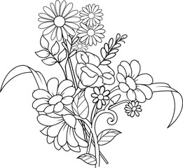 bouquet of flowers,sketch of a flower,illustration of a flower,bouquet of flowers,flower in vase,colouring page,