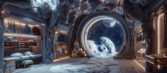 Celestial Dressing Room on a Lunar Base with Holographic Wardrobe Displays and Breathtaking Lunar Landscapes - obrazy, fototapety, plakaty