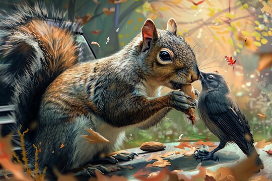 A comical scene captured in a painting where a squirrel and a bird interact, showcasing a playful moment between the two animals. Generative AI