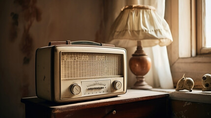 old radio on an old nightstand in an old room - obrazy, fototapety, plakaty