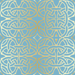 vector, geometric, everlasting classical gold lines pattern on brighten blue background.
