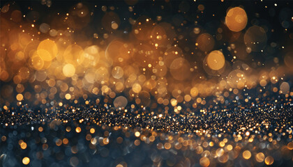 Golden abstract bokeh on a black background. Holiday concept. Abstract luxury swirling gold background with gold particles. Christmas Golden light shine particles. Gold foil texture. - obrazy, fototapety, plakaty