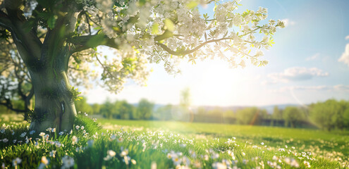 Picturesque Spring Scene Blossoming Tree, Sun Glow Through Flowers