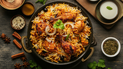 top down view of A traditional Indian biryani dish with chicken, rice and vegetables in a pot. 