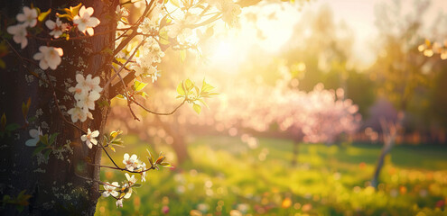 Tranquil Spring View Blooming Tree, Sunlight on White Blossoms