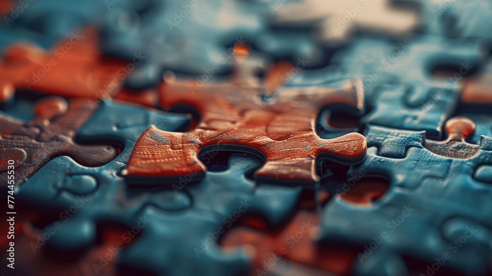 Wall mural close-up of a jigsaw puzzle with missing piece, showcasing blue and orange pieces shallow depth fiel