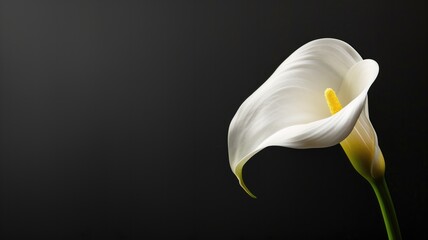 A single white calla lily against a dark background, highlighting its elegant curves and soft texture - obrazy, fototapety, plakaty