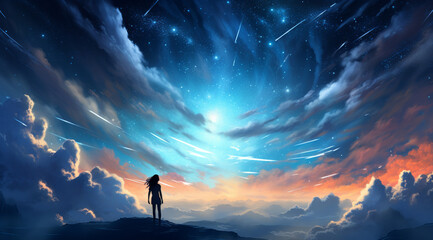 Spellbinding girl enchanted by vast night sky in breathtaking