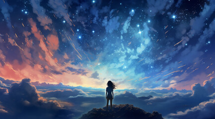 Starry-eyed girl lost in vast night sky in captivating