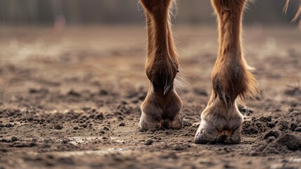 Close-up of a horse's hooves on muddy ground - obrazy, fototapety, plakaty