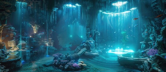 Futuristic Subaquatic Dressing Room in Bioluminescent Underwater City with Mystical Coral Decor