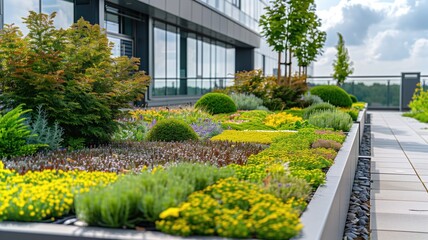 A well-maintained rooftop garden with a variety of plants and modern building in the background