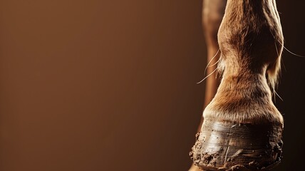 Close-up of a muddy horse hoof on brown background