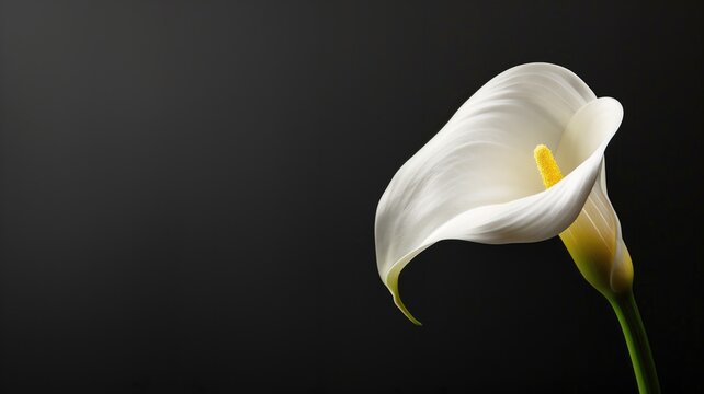 A single white calla lily against a dark background, highlighting its elegant curves and soft texture