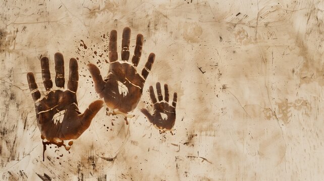 Three different-sized handprints in what appears to be mud or paint on a textured beige background