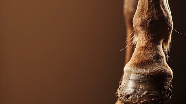 Close-up of a muddy horse hoof on brown background