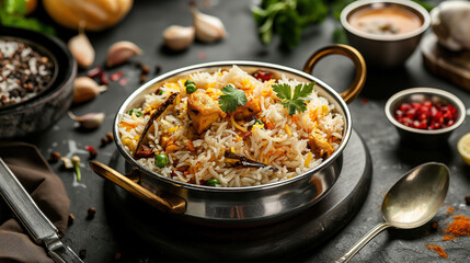 A vibrant bowl of aromatic biryani with tender chicken, fragrant rice, and an array of spices. The succulent chicken, perfectly cooked and adorned with a golden-brown hue is on top of rice