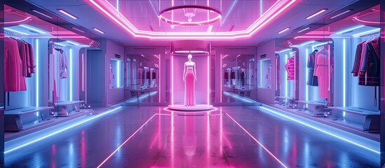 Futuristic Dressing Room in a Virtual Reality Arcade with Holographic Fashion Displays and Interactive Styling Games - obrazy, fototapety, plakaty