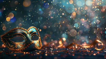 Fotobehang A carnival mask adorned with glittering decorations against a sparkling background, evoking the festive and celebratory atmosphere of a carnival. © Bahram