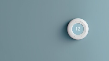 A modern minimalist thermostat set at 12 degrees mounted on a plain blue wall - obrazy, fototapety, plakaty