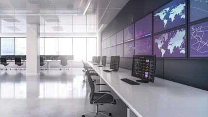 Modern control room with multiple screens displaying global maps and data, empty chairs, white workspace
