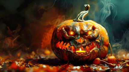 ai generated image of a halloween monster in style of beautiful grotesque, pumpkin monster, glowing lights, autumn colors - 774455951