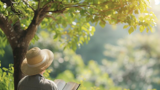 A person in a straw hat is peacefully reading book under the shade of lush tree