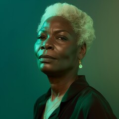 This skincare portrait radiates happiness, featuring a beaming African model aged 60, her blond hair set against a soft gradient backdrop