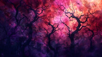 Mystical Forest Twilight Silhouettes Vivid Colors Fantasy Atmosphere - obrazy, fototapety, plakaty