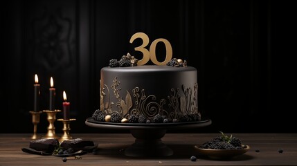 Matte black cake with metallic gold lettering spelling out the birthday age. - Powered by Adobe