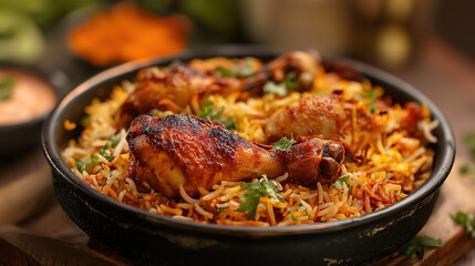  A bowl of colorful biryani with chicken, rice and spices. The chicken on top has been cooked to...