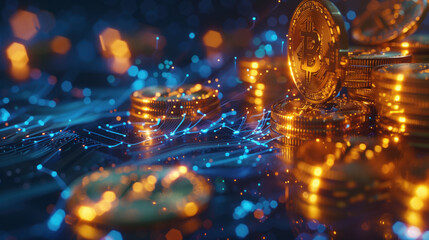A bunch of gold coins and a bitcoin coin are displayed on a blue background - Powered by Adobe