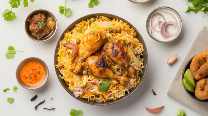 Top view of biryani and chicken with side dishes and salsas on the side on a white background. Food advertising photography - obrazy, fototapety, plakaty