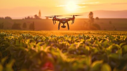 Cultivators using drones to monitor large-scale crop fields, - obrazy, fototapety, plakaty