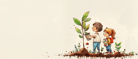 Children planting trees, illustration, earth day concept, save the planet - 774457124